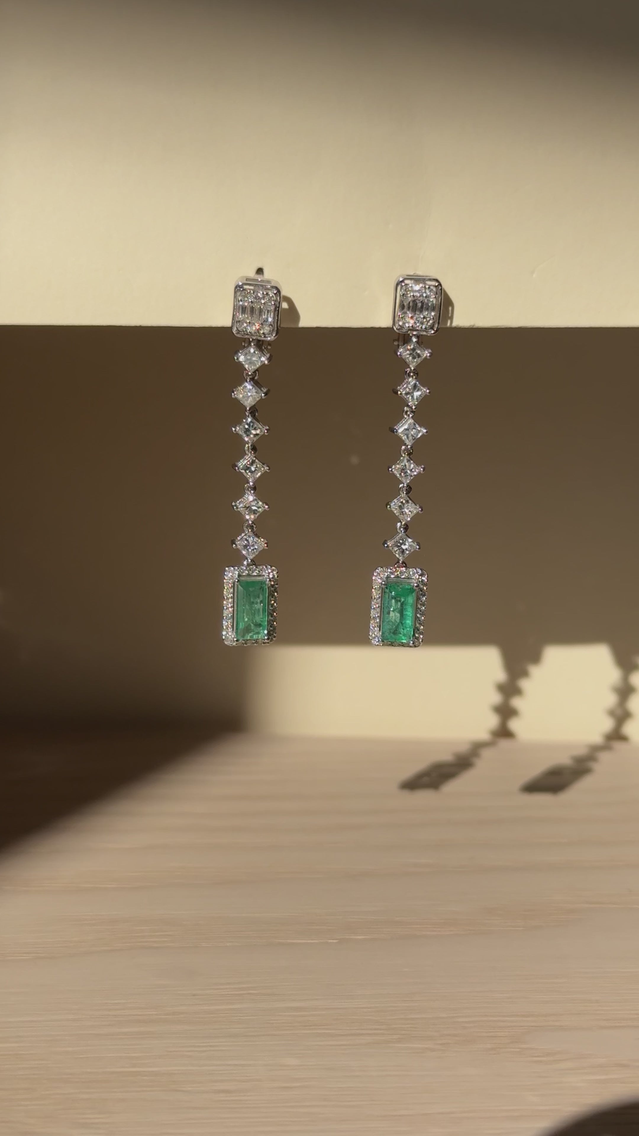 Isadora - Modern 18K White Gold Emerald & Diamond Long Drop Earrings