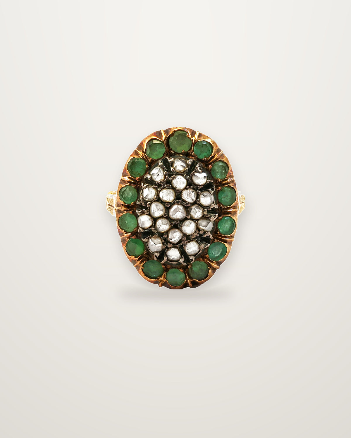 Luisa - Vintage 18K Gold & Silver Emerald & Rose-Cut Diamond Large Ring