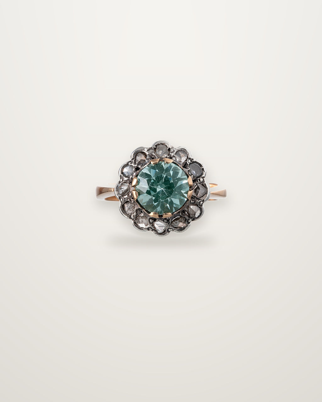Adelaide - Antique 18K Gold & Silver Green Stone & Rose-Cut Diamond Daisy Ring