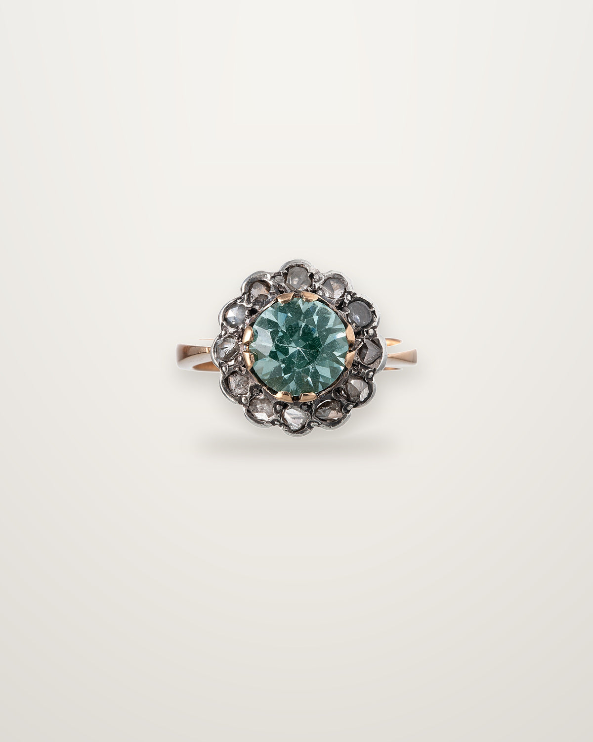 Adelaide - Antique 18K Gold & Silver Green Stone & Rose-Cut Diamond Daisy Ring