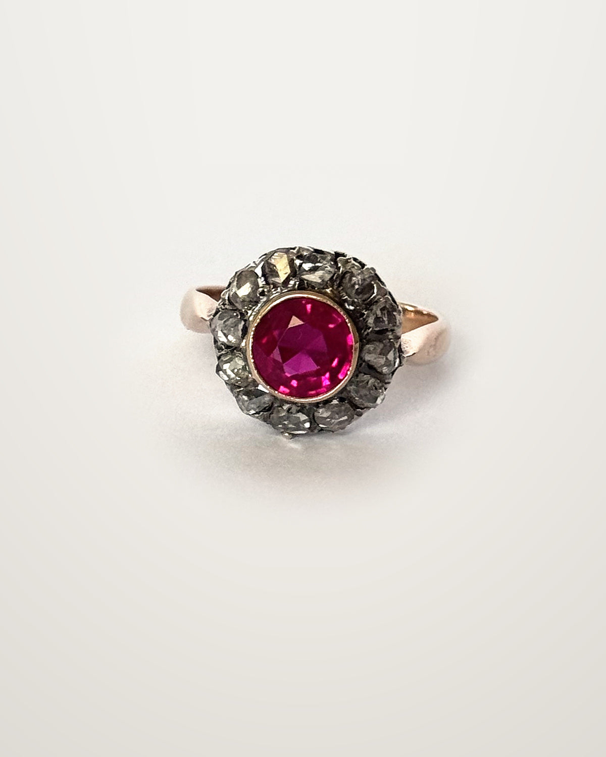 Eugénie - Antique 14K Gold & Silver Ruby & Diamond Cluster Ring
