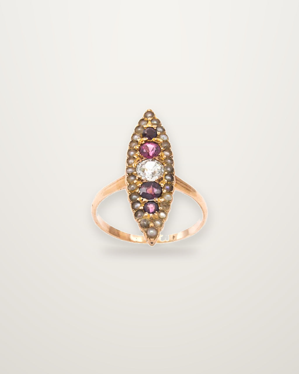 Clémentine - Antique 18K Rose Gold Diamond, Pearl & Garnet Navette Ring