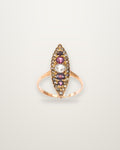 Clémentine - Antique 18K Rose Gold Diamond, Pearl & Garnet Navette Ring