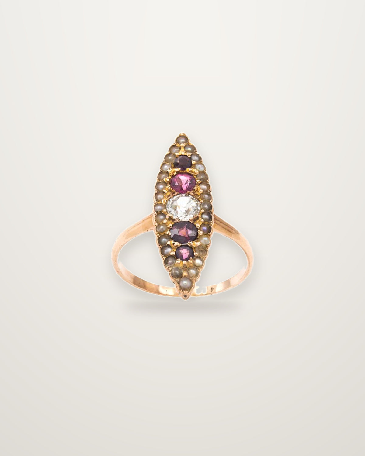 Clémentine - Antique 18K Rose Gold Diamond, Pearl & Garnet Navette Ring