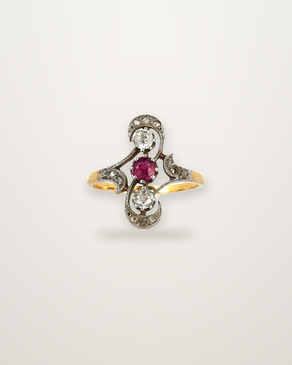 Madeleine - Antique 18K Gold, Platinum, Ruby and Rose-Cut Diamond Openwork Ring
