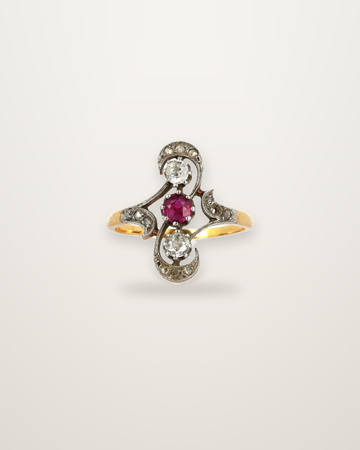 Madeleine - Antique 18K Gold, Platinum, Ruby and Rose-Cut Diamond Openwork Ring
